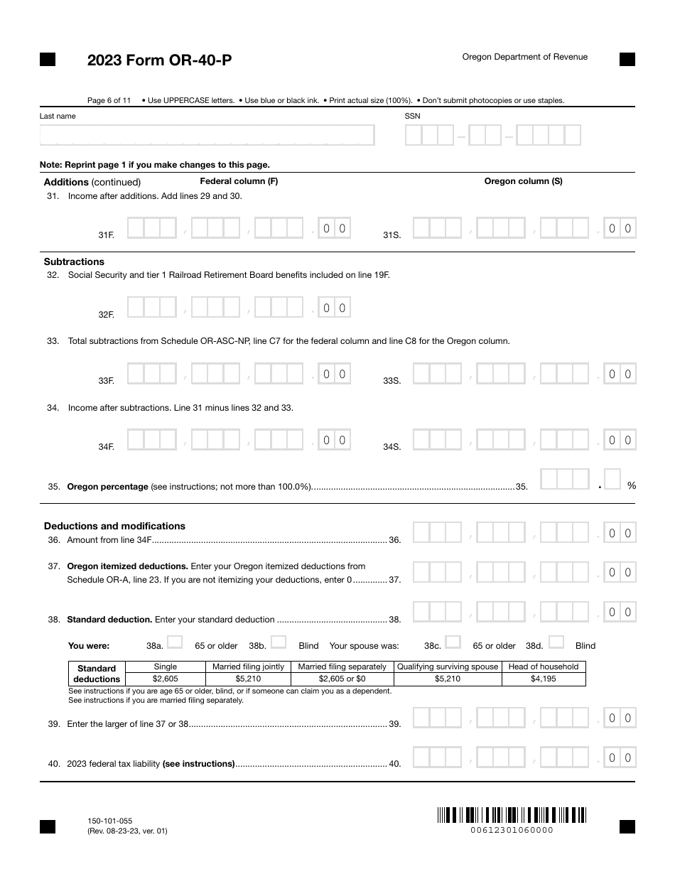 Form OR-40-P (150-101-055) Oregon Individual Income Tax Return for Part-Year Residents - Oregon, Page 6