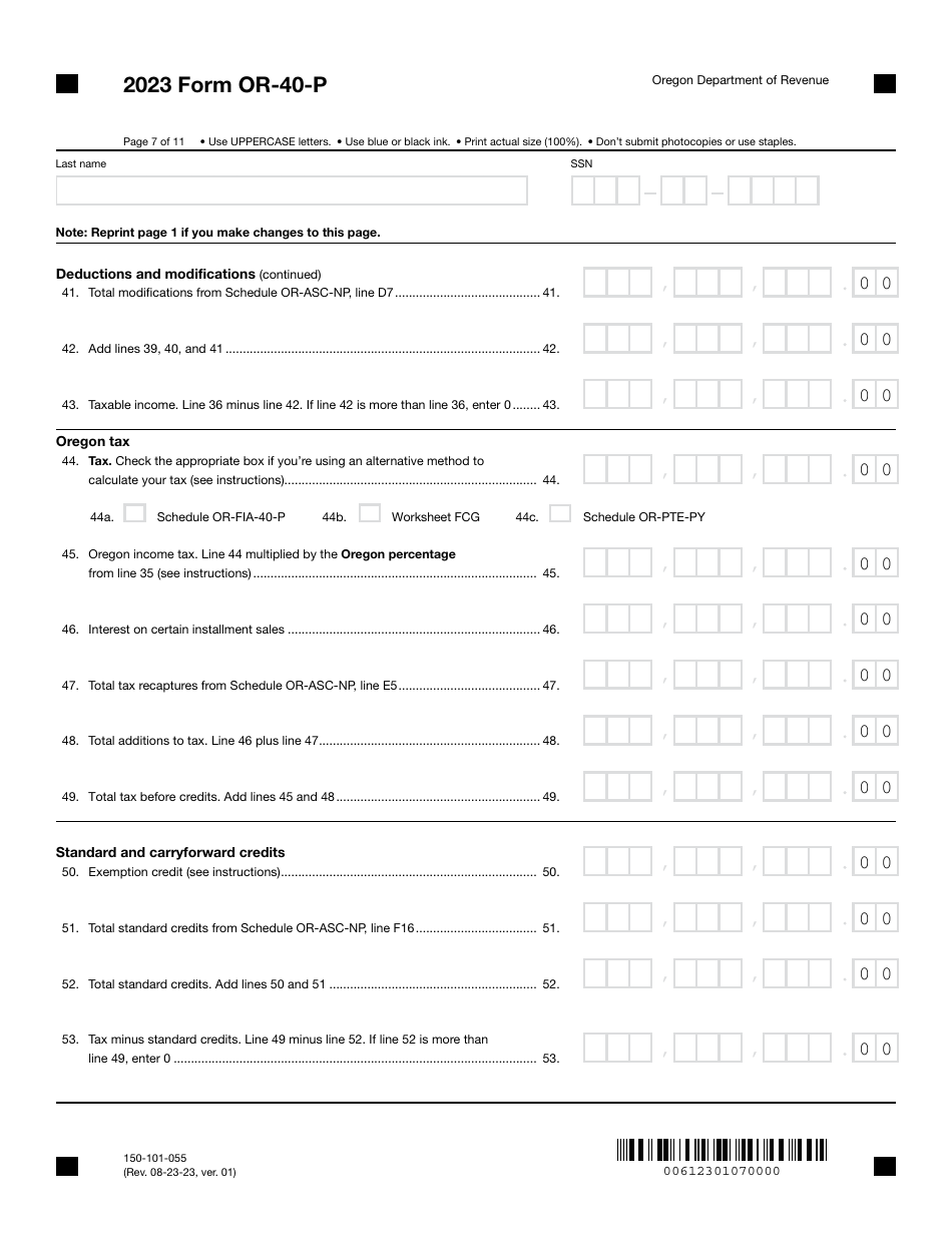 Form OR-40-P (150-101-055) Oregon Individual Income Tax Return for Part-Year Residents - Oregon, Page 7
