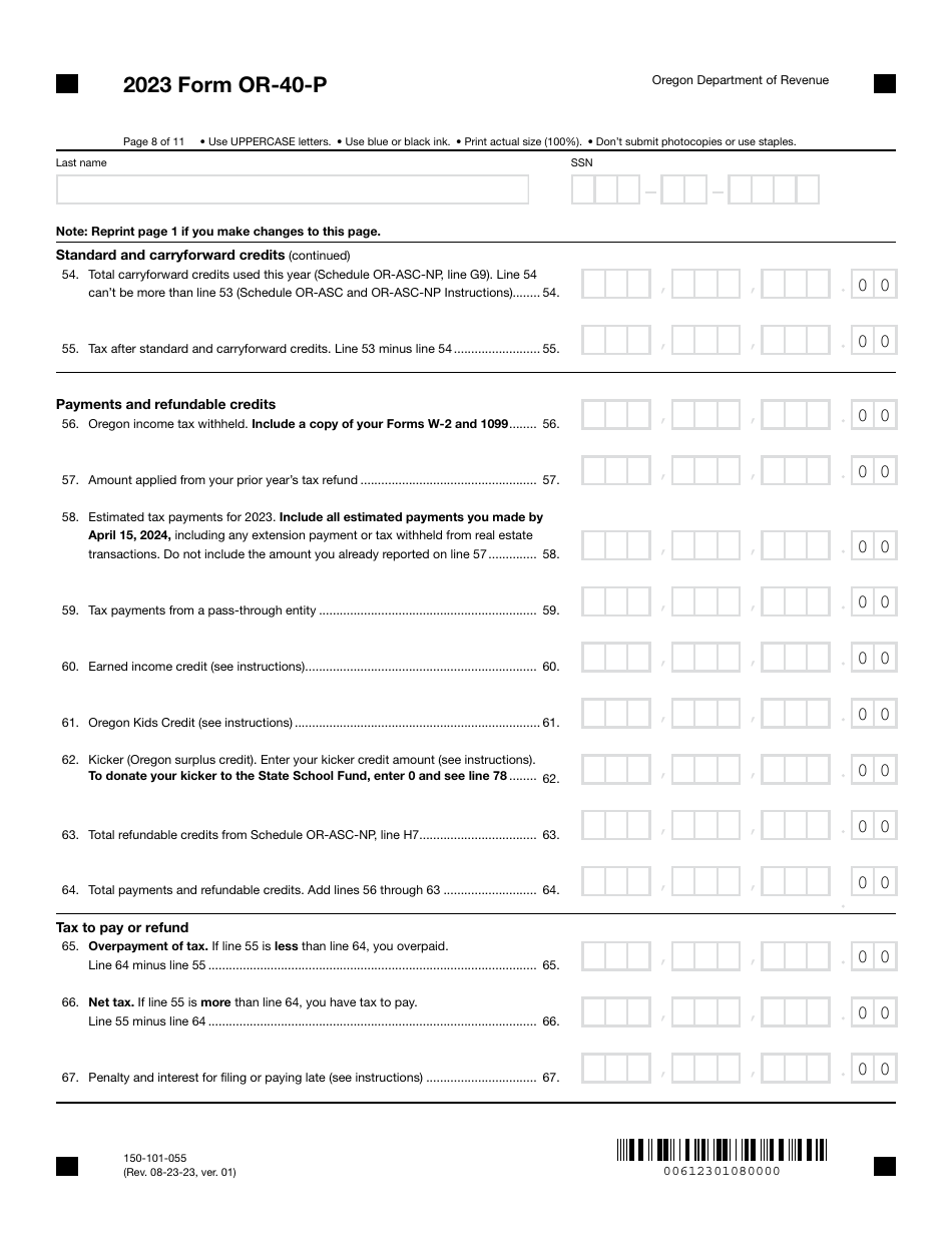 Form OR-40-P (150-101-055) Oregon Individual Income Tax Return for Part-Year Residents - Oregon, Page 8