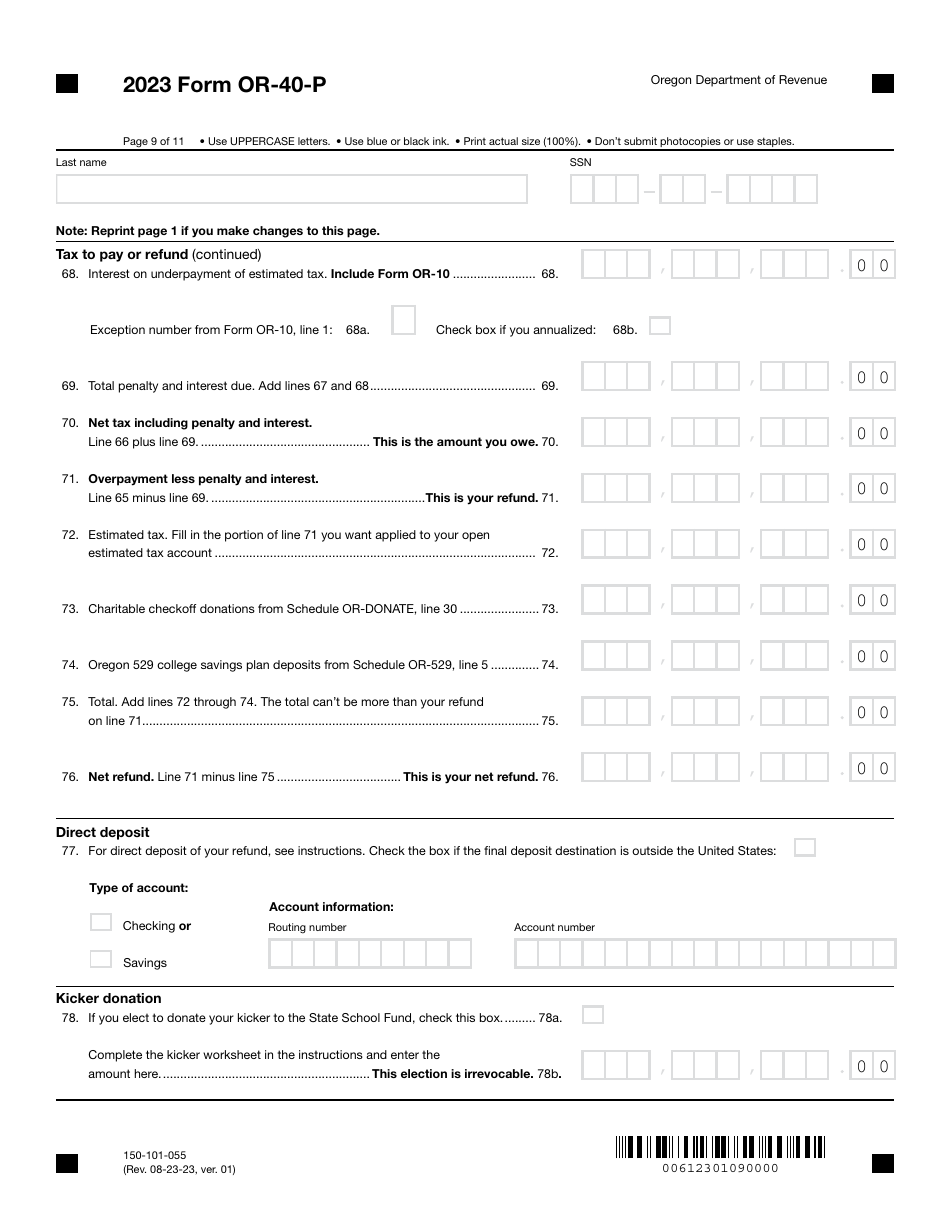 Form OR-40-P (150-101-055) Oregon Individual Income Tax Return for Part-Year Residents - Oregon, Page 9
