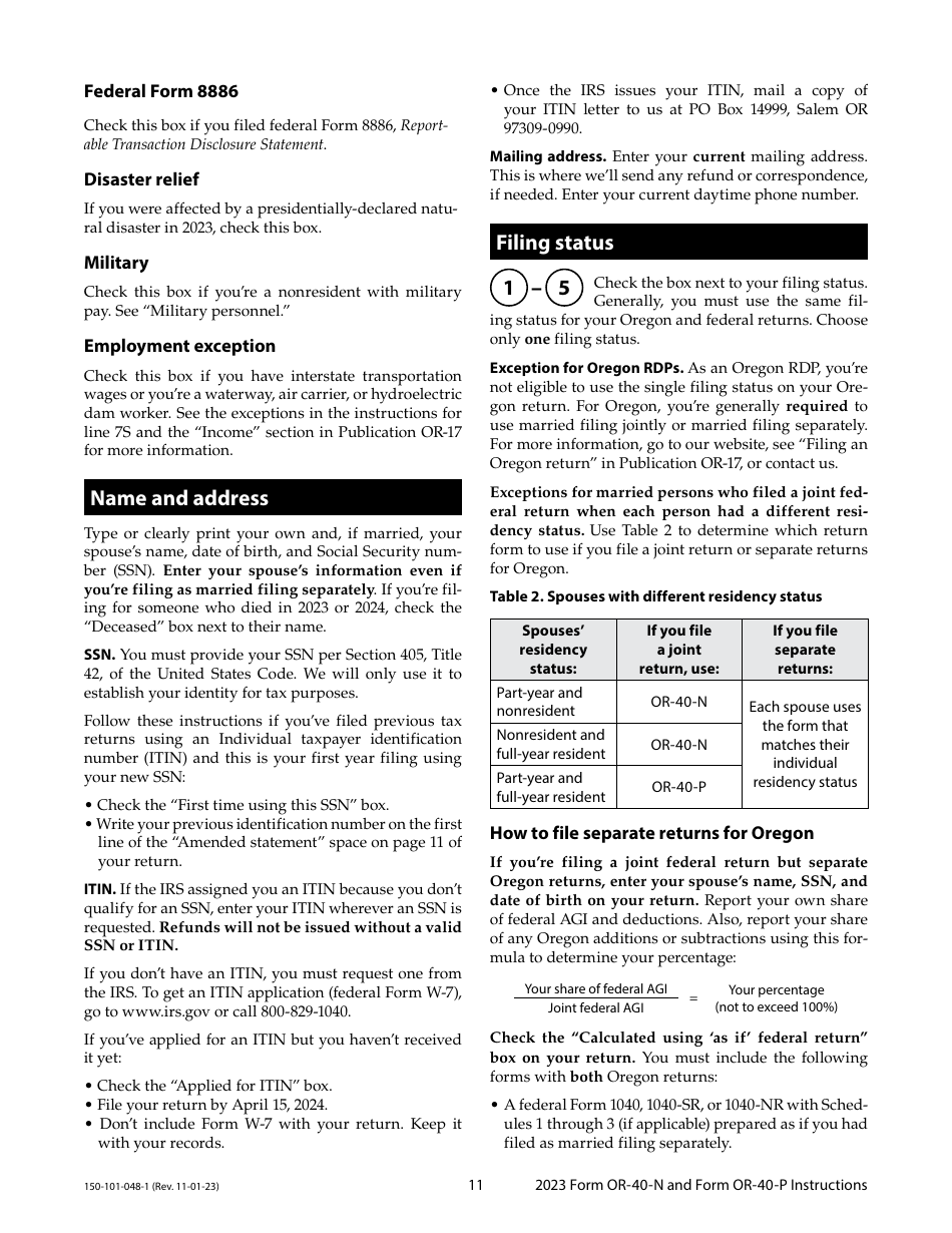 Instructions for Form OR-40-N, 150-101-048, OR-40-P, 150-101-055 - Oregon, Page 11