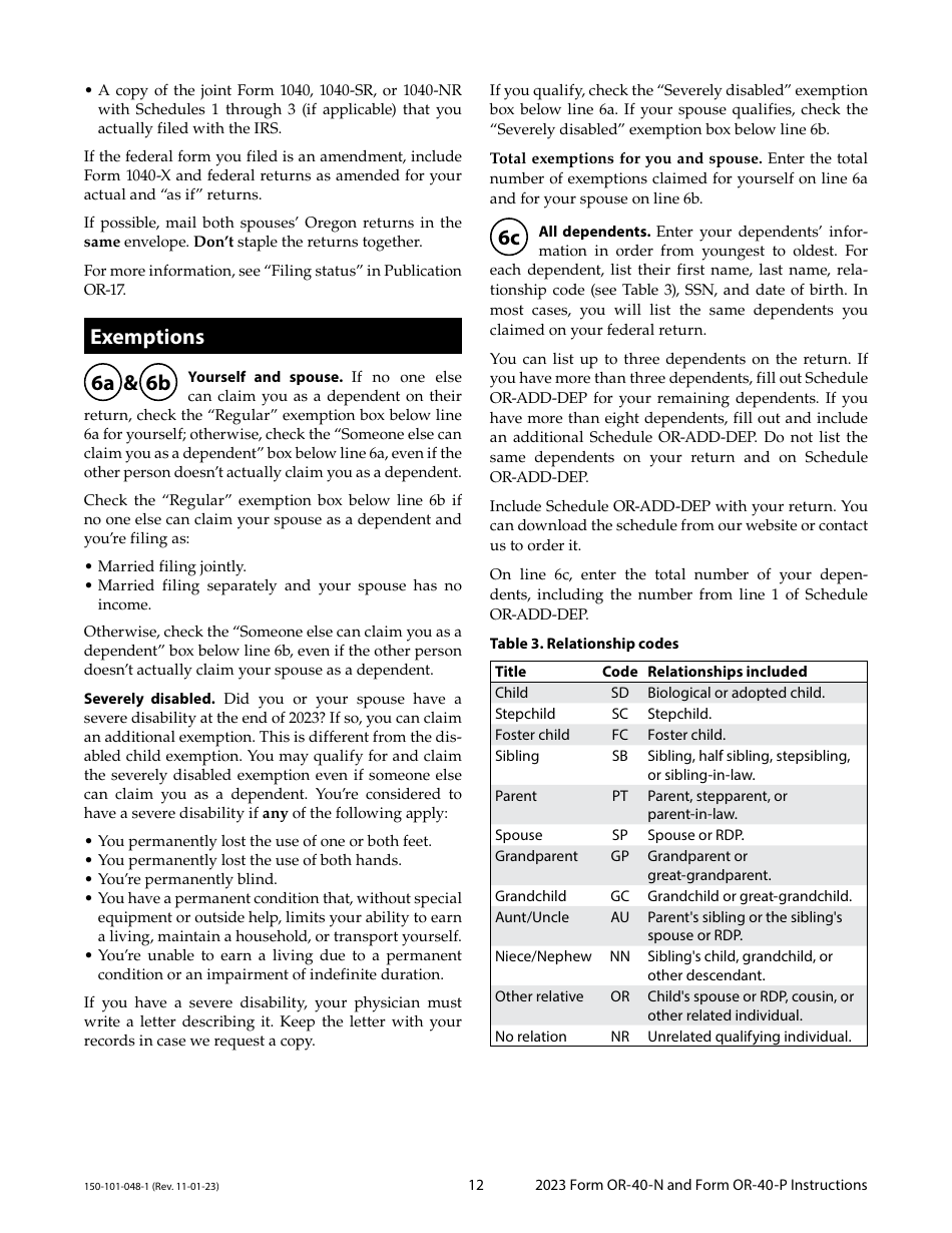 Instructions for Form OR-40-N, 150-101-048, OR-40-P, 150-101-055 - Oregon, Page 12