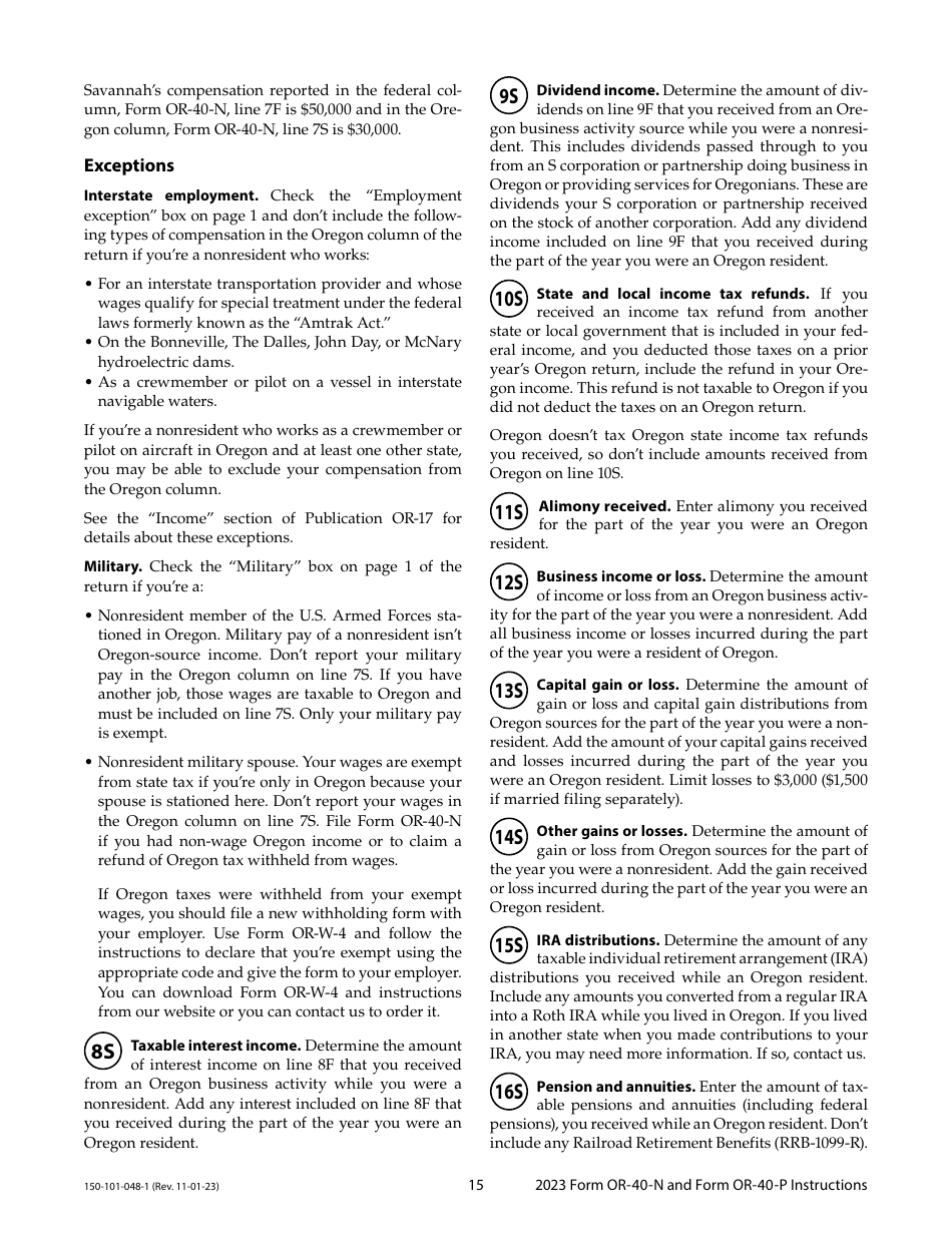 Instructions for Form OR-40-N, 150-101-048, OR-40-P, 150-101-055 - Oregon, Page 15