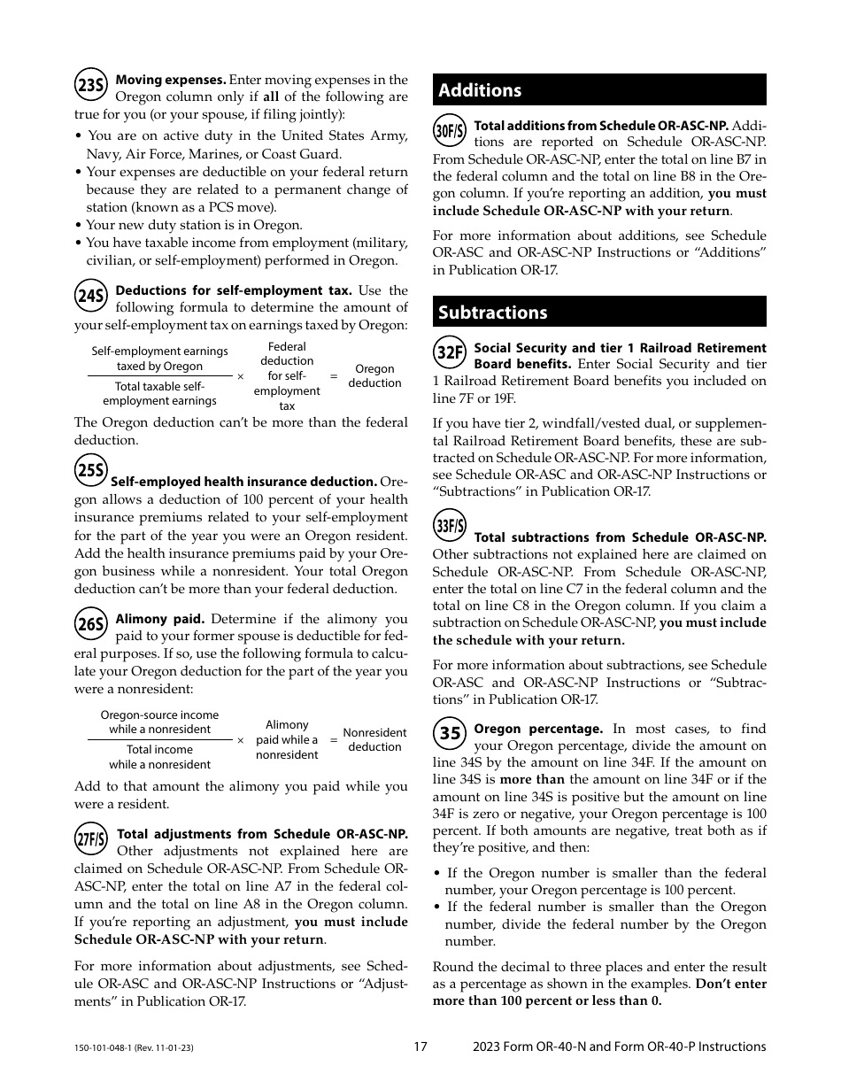 Instructions for Form OR-40-N, 150-101-048, OR-40-P, 150-101-055 - Oregon, Page 17