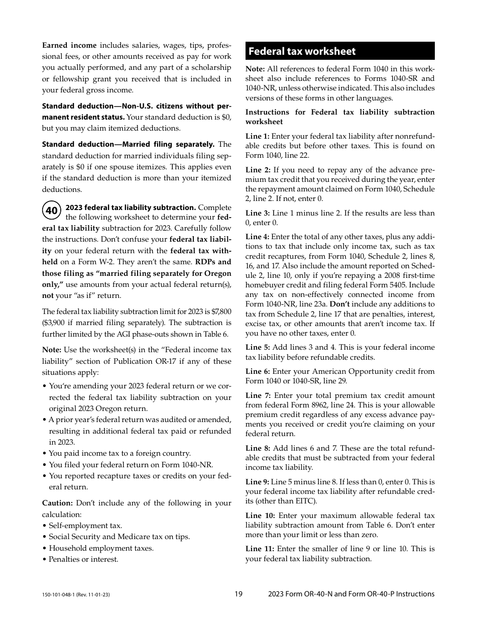 Instructions for Form OR-40-N, 150-101-048, OR-40-P, 150-101-055 - Oregon, Page 19
