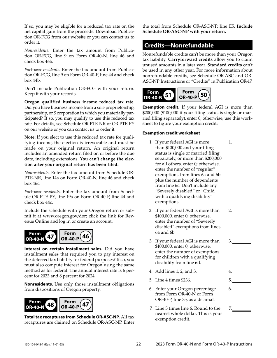 Instructions for Form OR-40-N, 150-101-048, OR-40-P, 150-101-055 - Oregon, Page 22