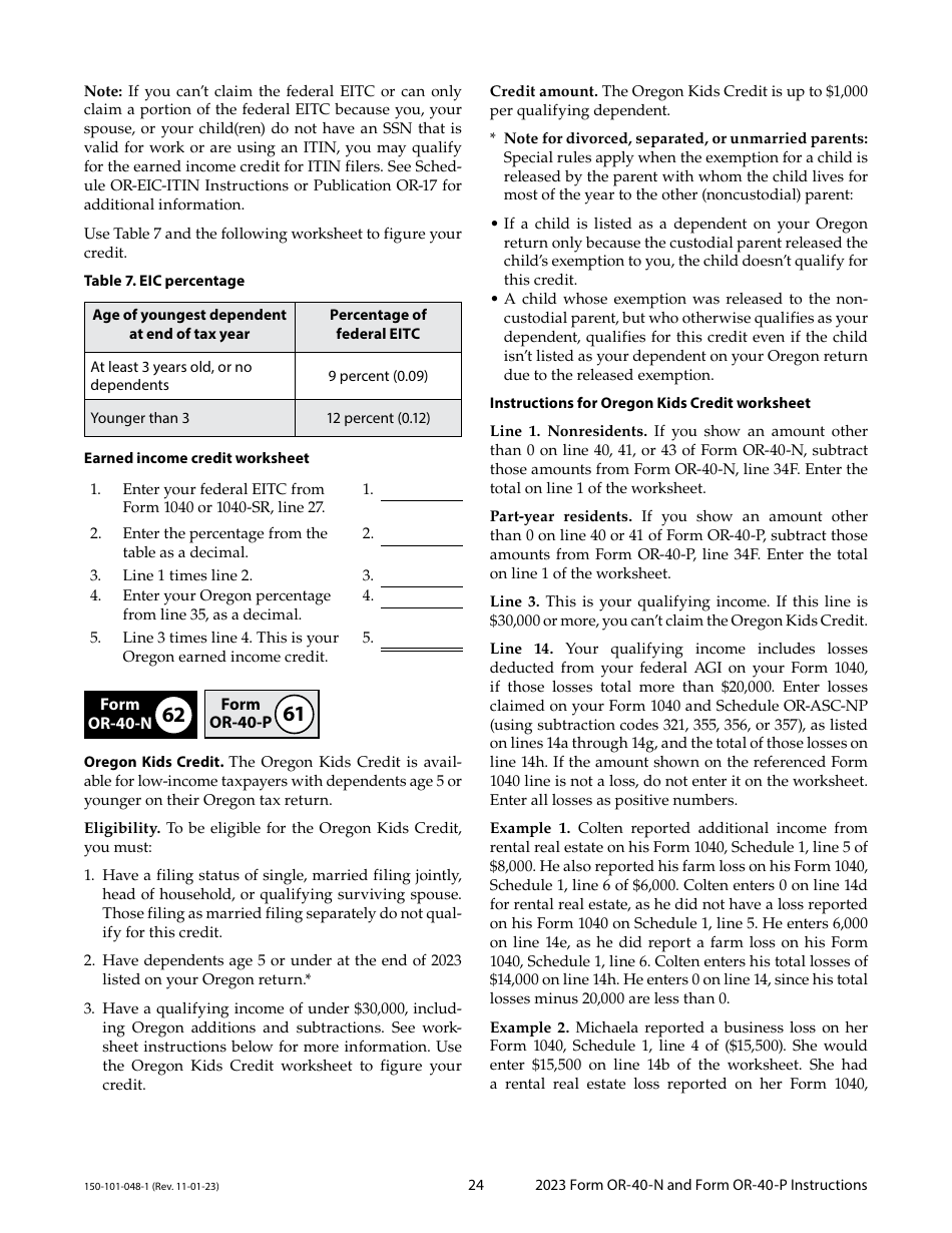 Instructions for Form OR-40-N, 150-101-048, OR-40-P, 150-101-055 - Oregon, Page 24