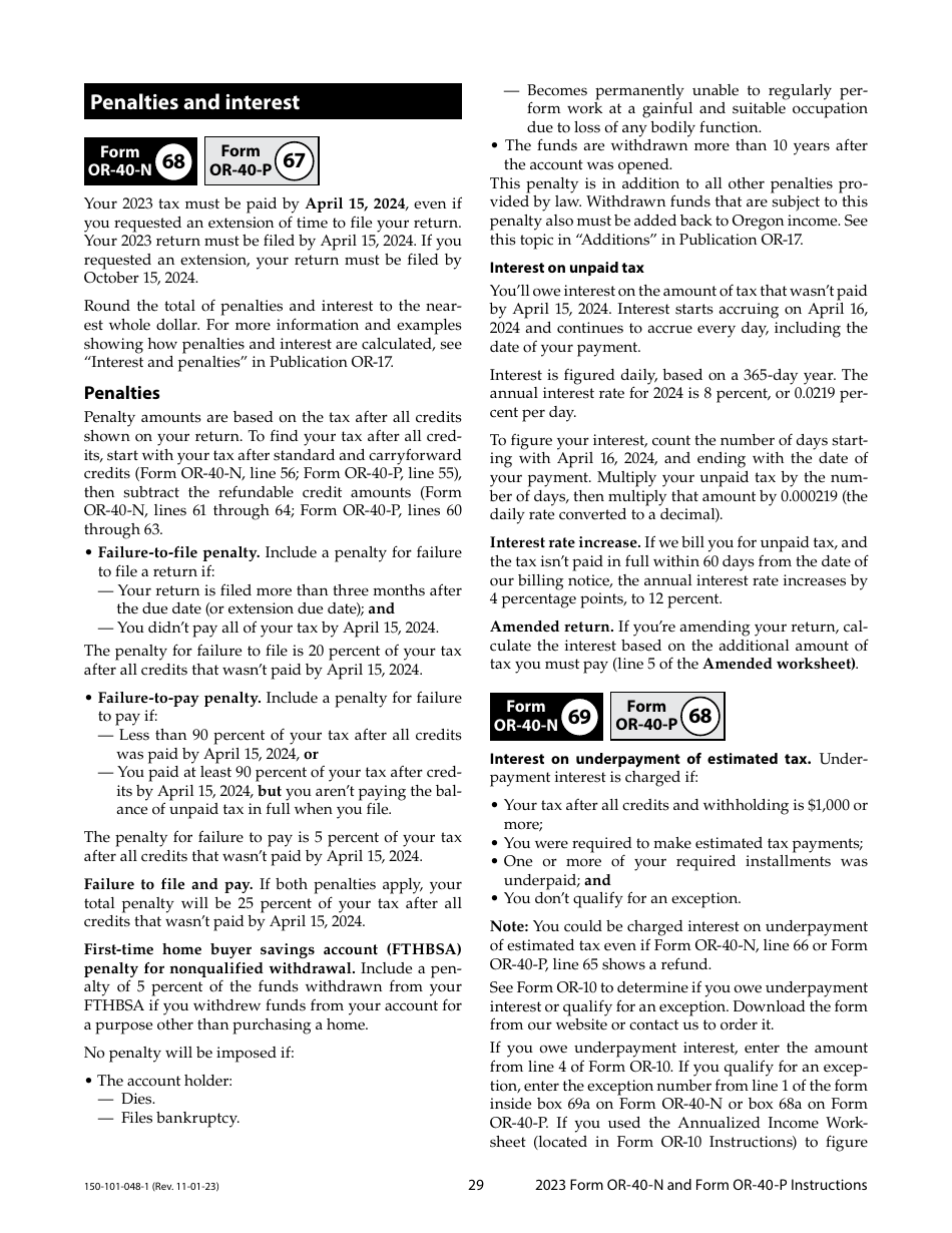 Instructions for Form OR-40-N, 150-101-048, OR-40-P, 150-101-055 - Oregon, Page 29