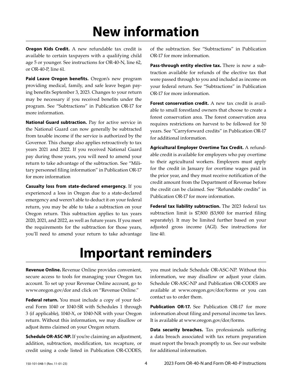 Instructions for Form OR-40-N, 150-101-048, OR-40-P, 150-101-055 - Oregon, Page 4