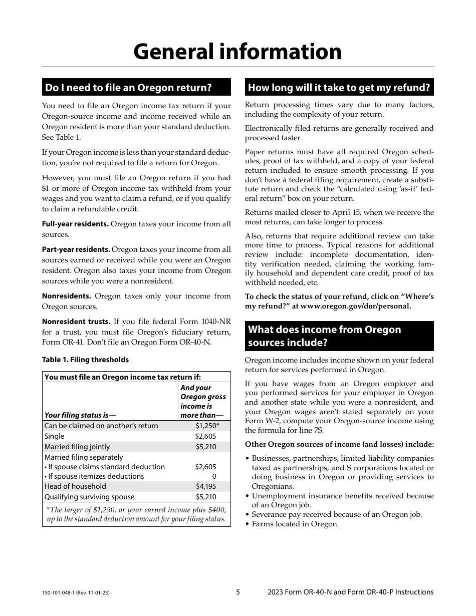 Instructions for Form OR-40-N, 150-101-048, OR-40-P, 150-101-055 - Oregon, Page 5