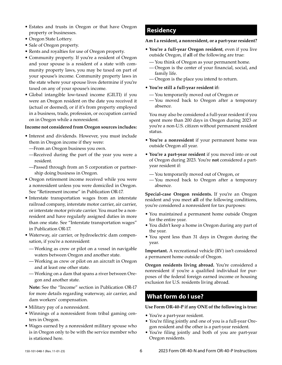 Instructions for Form OR-40-N, 150-101-048, OR-40-P, 150-101-055 - Oregon, Page 6