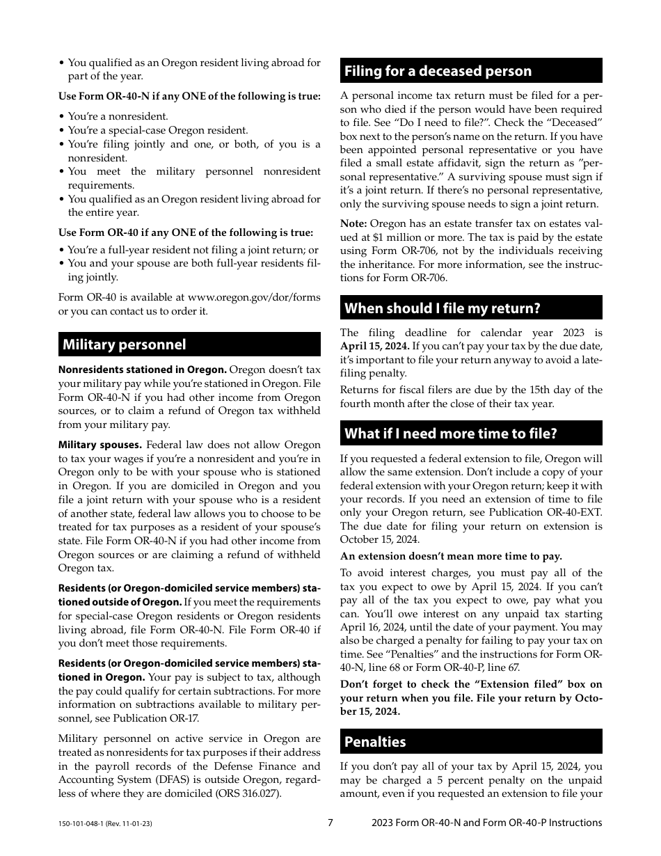Instructions for Form OR-40-N, 150-101-048, OR-40-P, 150-101-055 - Oregon, Page 7