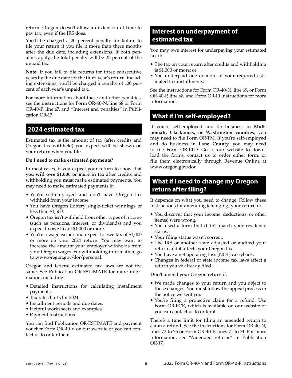 Instructions for Form OR-40-N, 150-101-048, OR-40-P, 150-101-055 - Oregon, Page 8