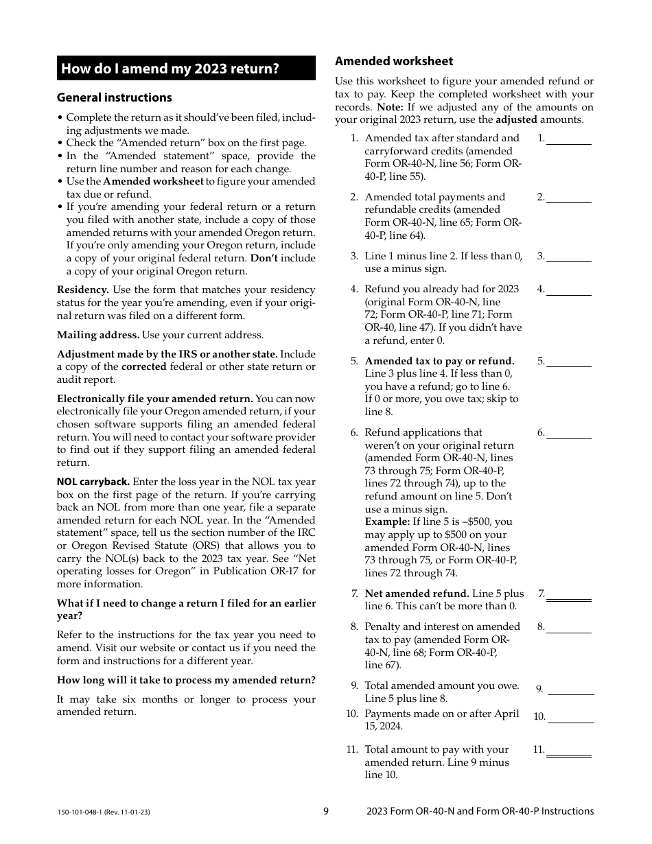 Instructions for Form OR-40-N, 150-101-048, OR-40-P, 150-101-055 - Oregon, Page 9