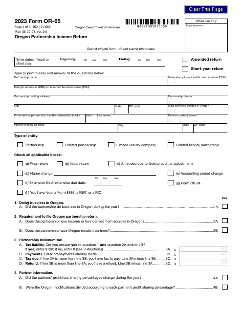Form OR-65 (150-101-065) 2023 Printable Pdf