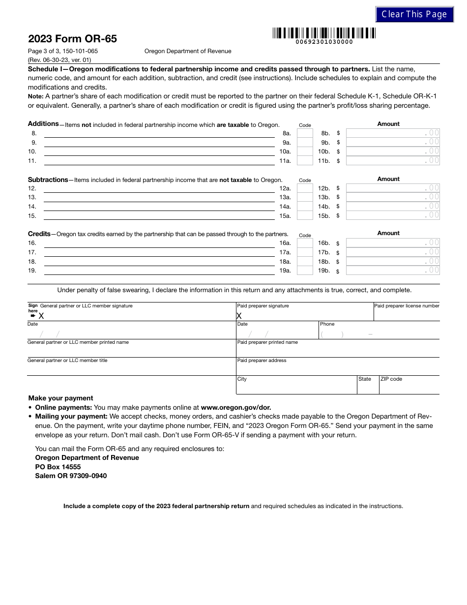 Form OR-65 (150-101-065) Oregon Partnership Income Return - Oregon, Page 3