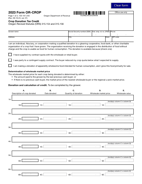 Form OR-CROP (150-101-240) Crop Donation Tax Credit - Oregon, 2023