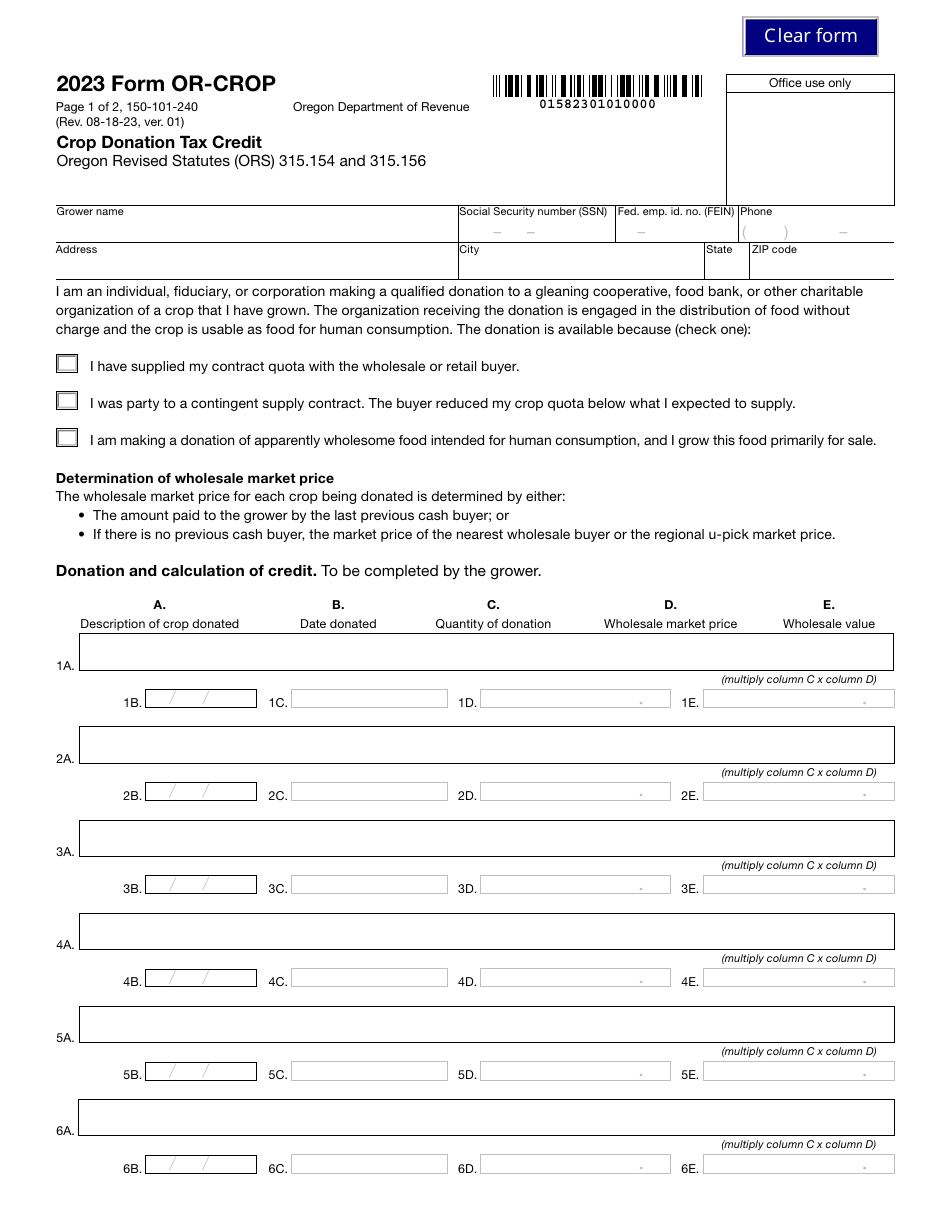 Form OR-CROP (150-101-240) Crop Donation Tax Credit - Oregon, Page 1