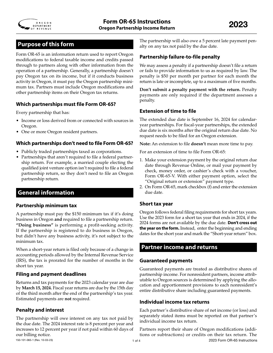 Instructions for Form OR-65, 150-101-065 Oregon Partnership Income Return - Oregon, Page 1