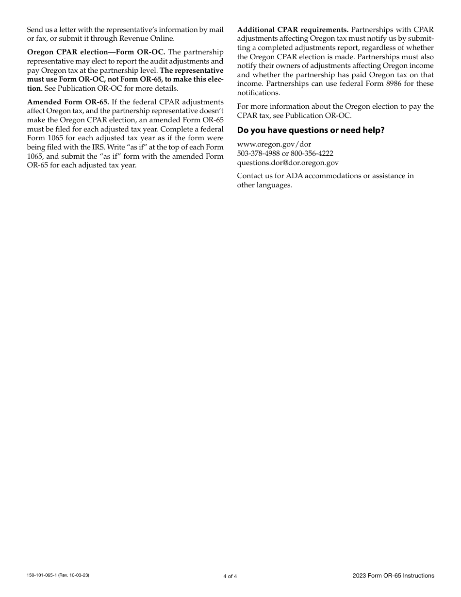 Instructions for Form OR-65, 150-101-065 Oregon Partnership Income Return - Oregon, Page 4