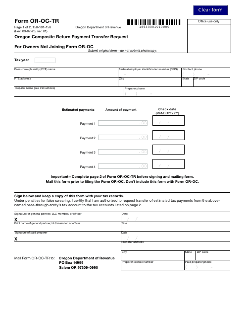 Form OR-OC-TR (150-101-158) Oregon Composite Return Payment Transfer Request - Oregon