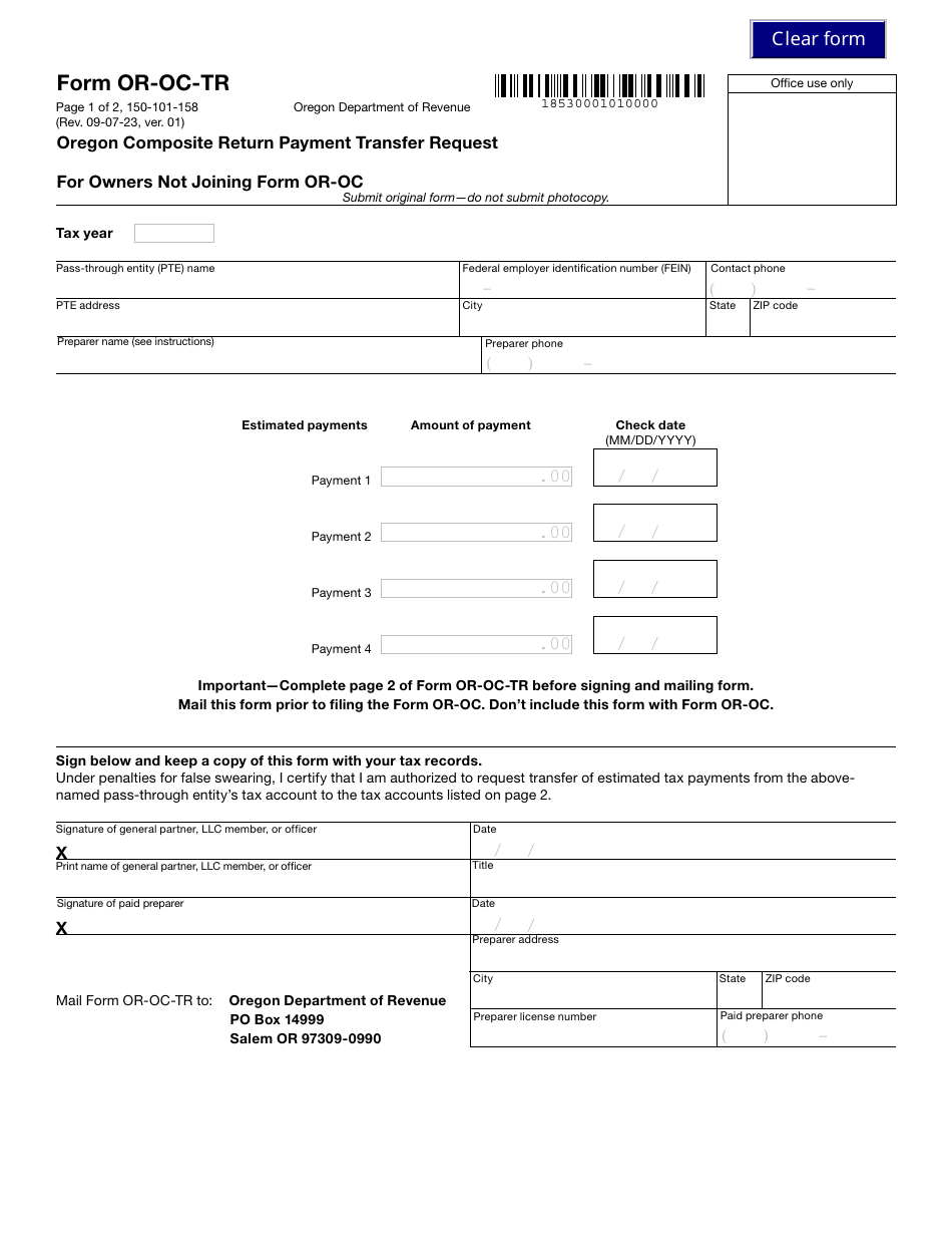 Form OR-OC-TR (150-101-158) Oregon Composite Return Payment Transfer Request - Oregon, Page 1