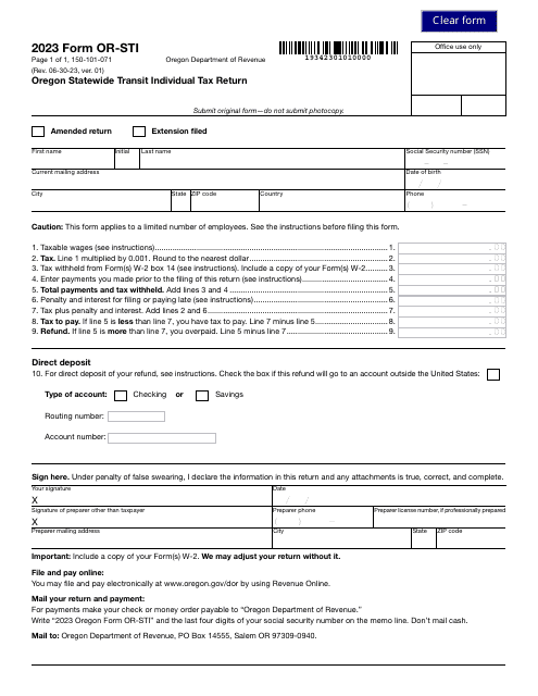 Form OR-STI (150-101-071) Oregon Statewide Transit Individual Tax Return - Oregon, 2023