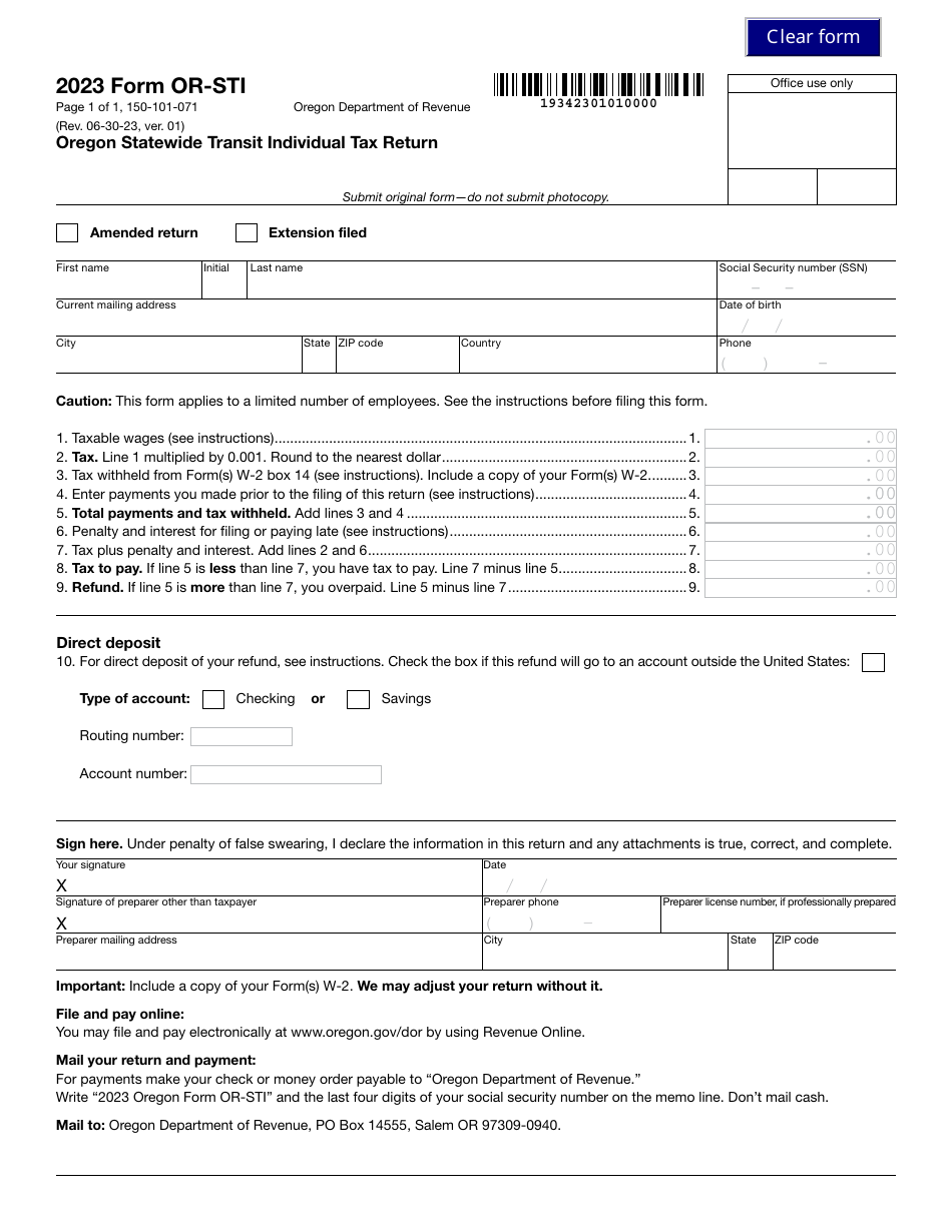 Form OR-STI (150-101-071) Oregon Statewide Transit Individual Tax Return - Oregon, Page 1