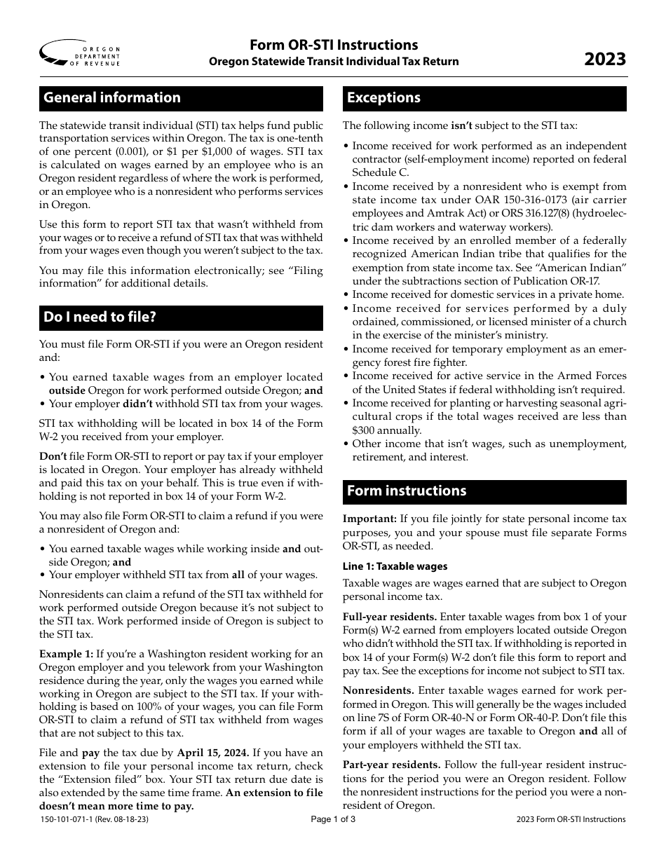 Instructions for Form OR-STI, 150-101-071 Oregon Statewide Transit Individual Tax Return - Oregon, Page 1