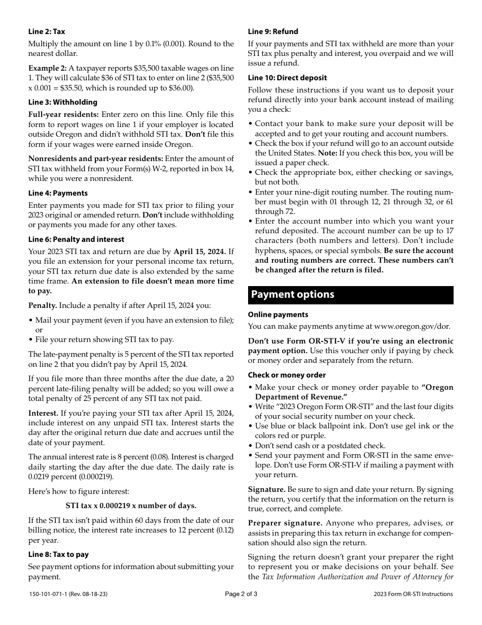 Instructions for Form OR-STI, 150-101-071 Oregon Statewide Transit Individual Tax Return - Oregon, Page 2