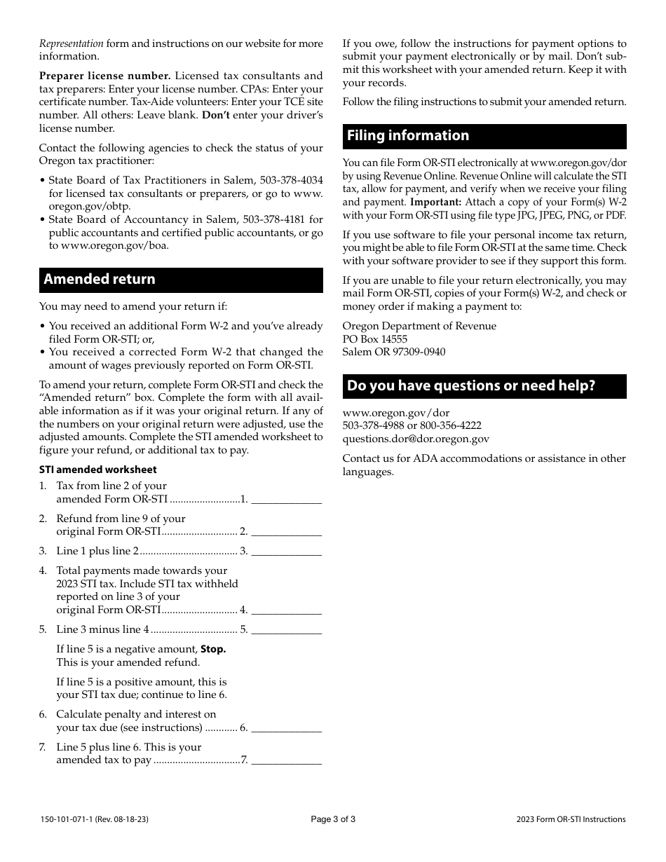 Instructions for Form OR-STI, 150-101-071 Oregon Statewide Transit Individual Tax Return - Oregon, Page 3