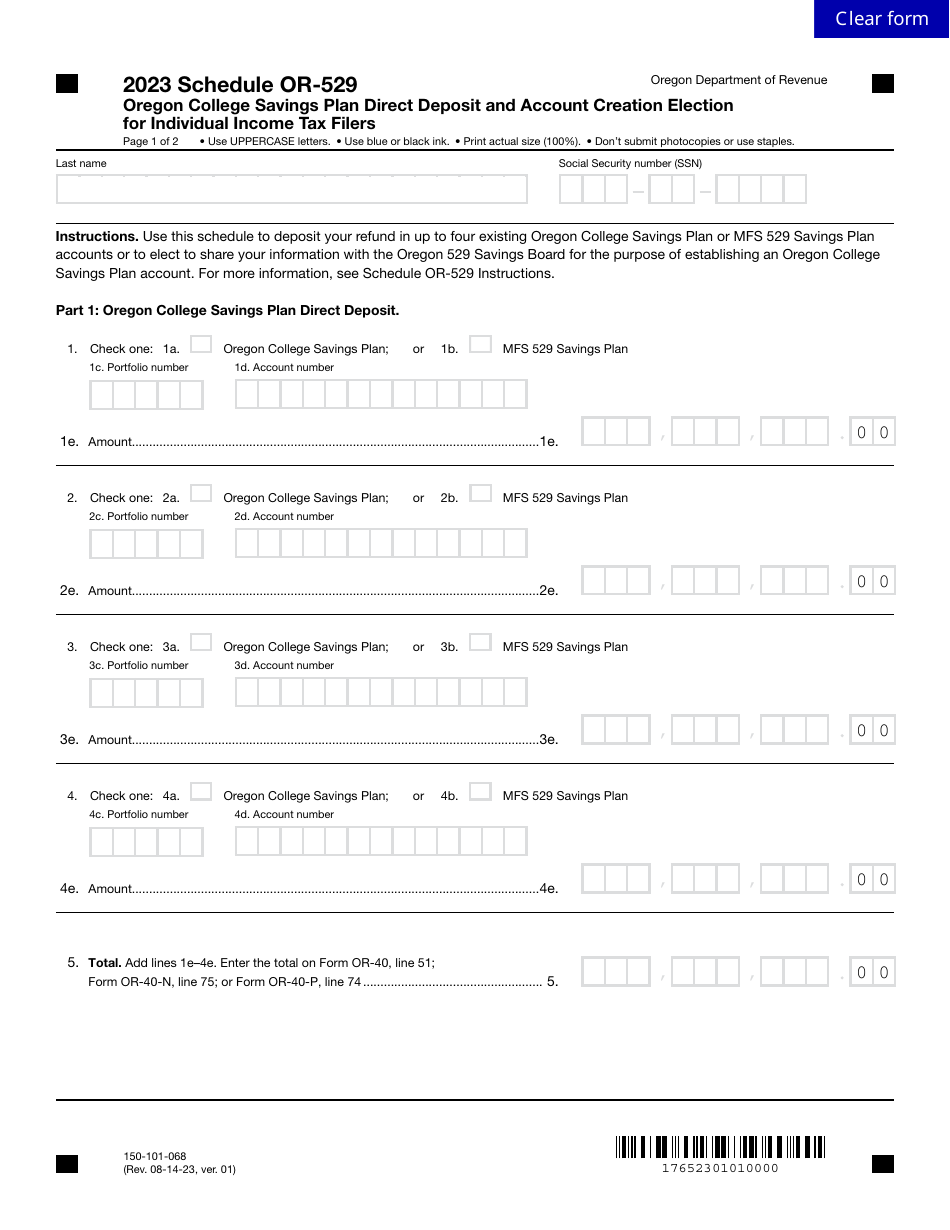 Form 150-101-068 Schedule OR-529 Oregon College Savings Plan Direct Deposit and Account Creation Election for Individual Income Tax Filers - Oregon, Page 1