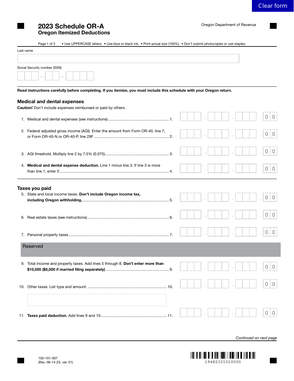 Form 150-101-007 Schedule OR-A Oregon Itemized Deductions - Oregon, Page 1