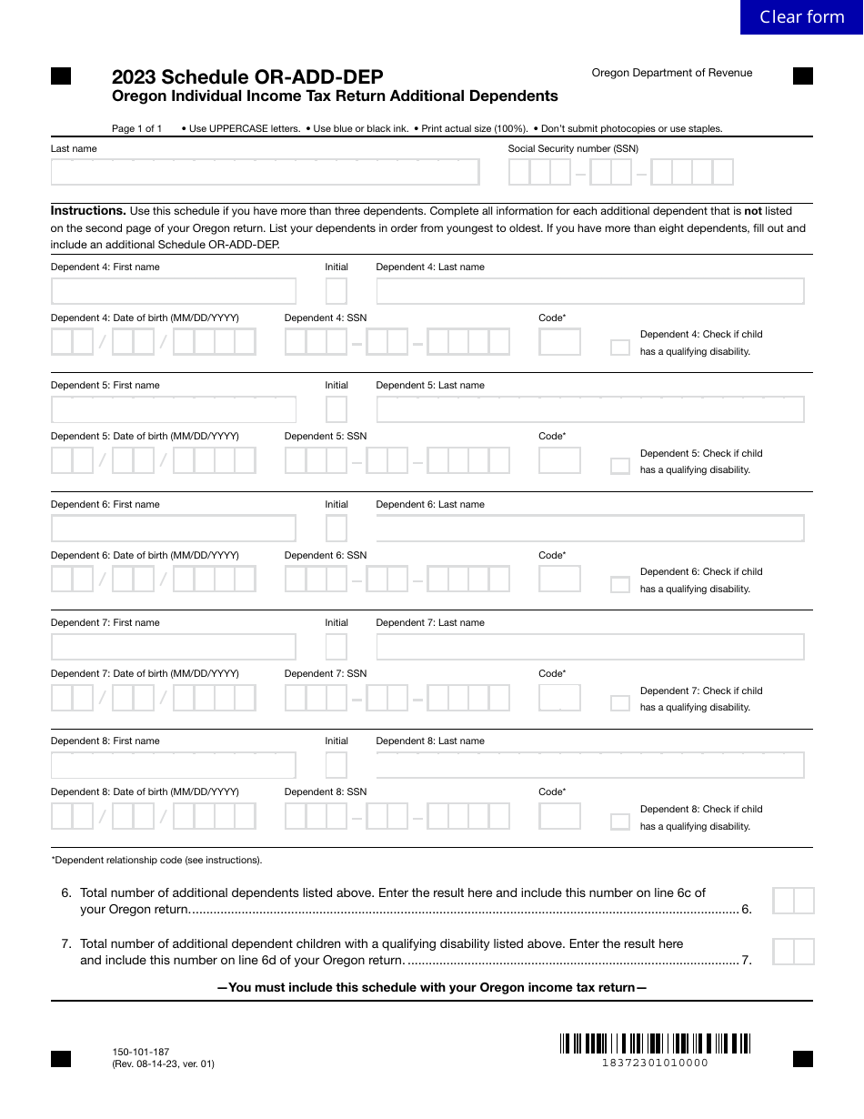 Form 150-101-187 Schedule OR-ADD-DEP Oregon Individual Income Tax Return Additional Dependents - Oregon, Page 1