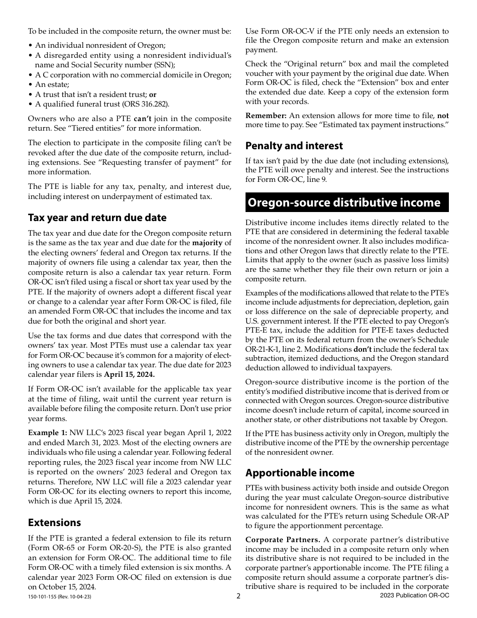 Instructions for Form OR-OC, 150-101-154 Oregon Composite Return - Oregon, Page 2