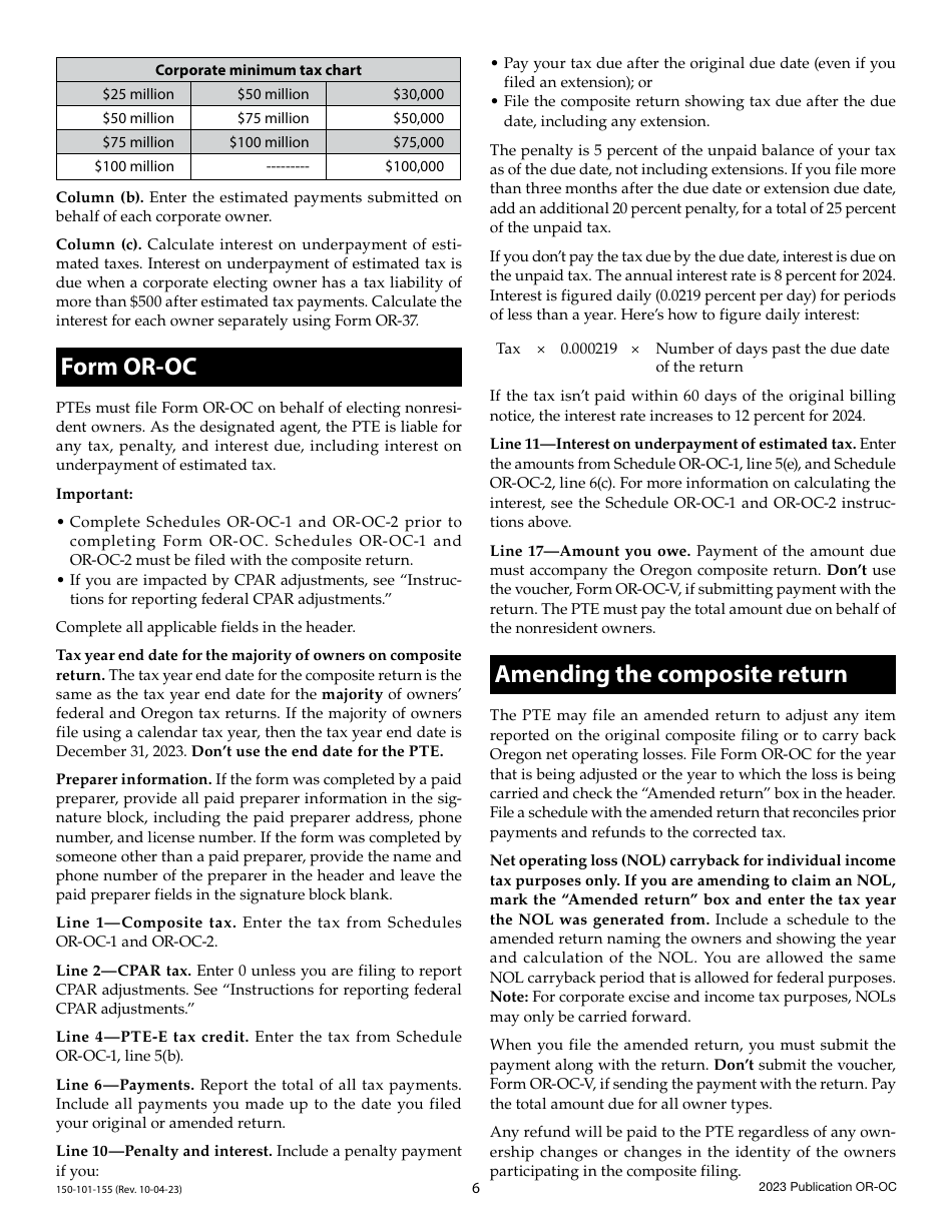 Instructions for Form OR-OC, 150-101-154 Oregon Composite Return - Oregon, Page 6