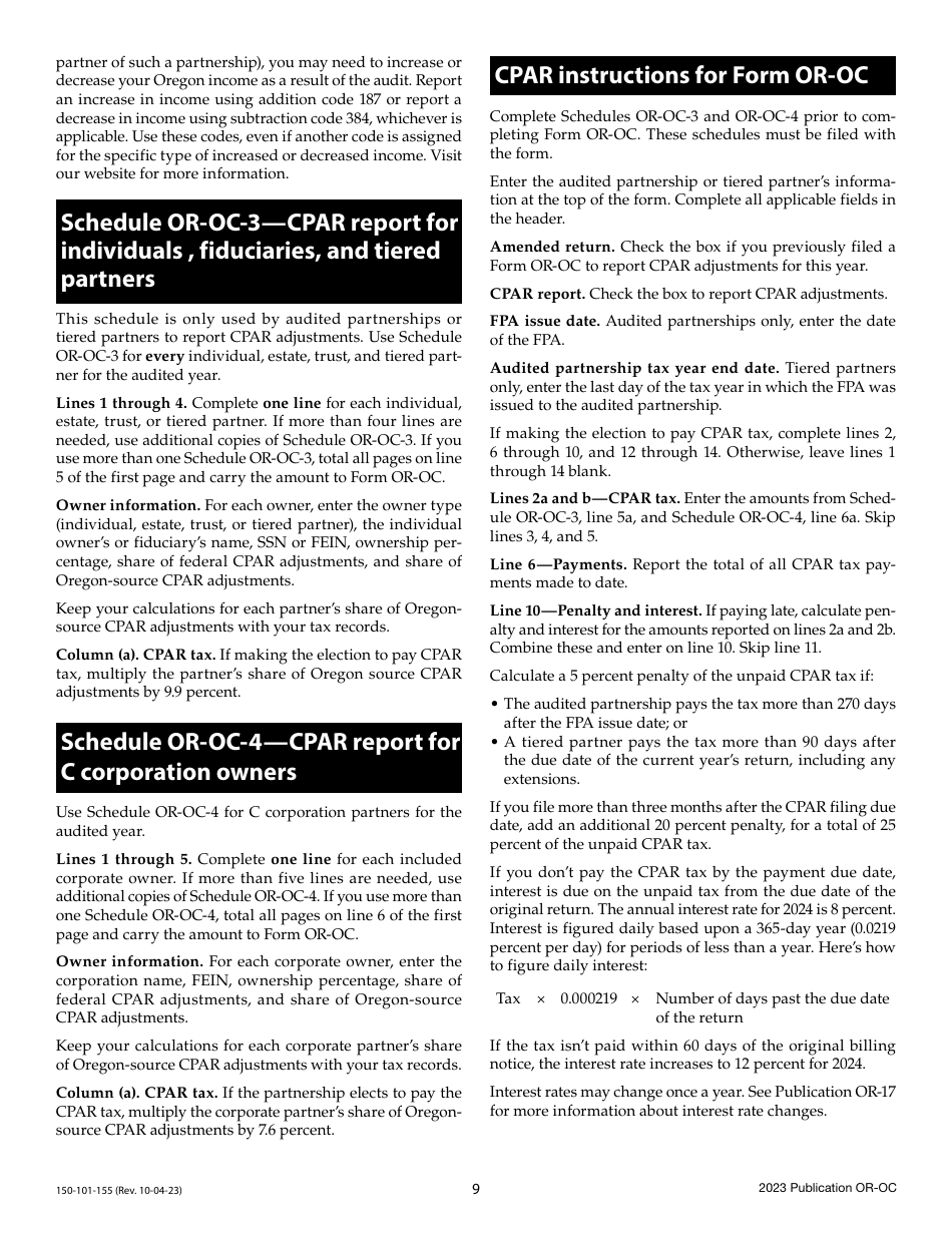 Instructions for Form OR-OC, 150-101-154 Oregon Composite Return - Oregon, Page 9