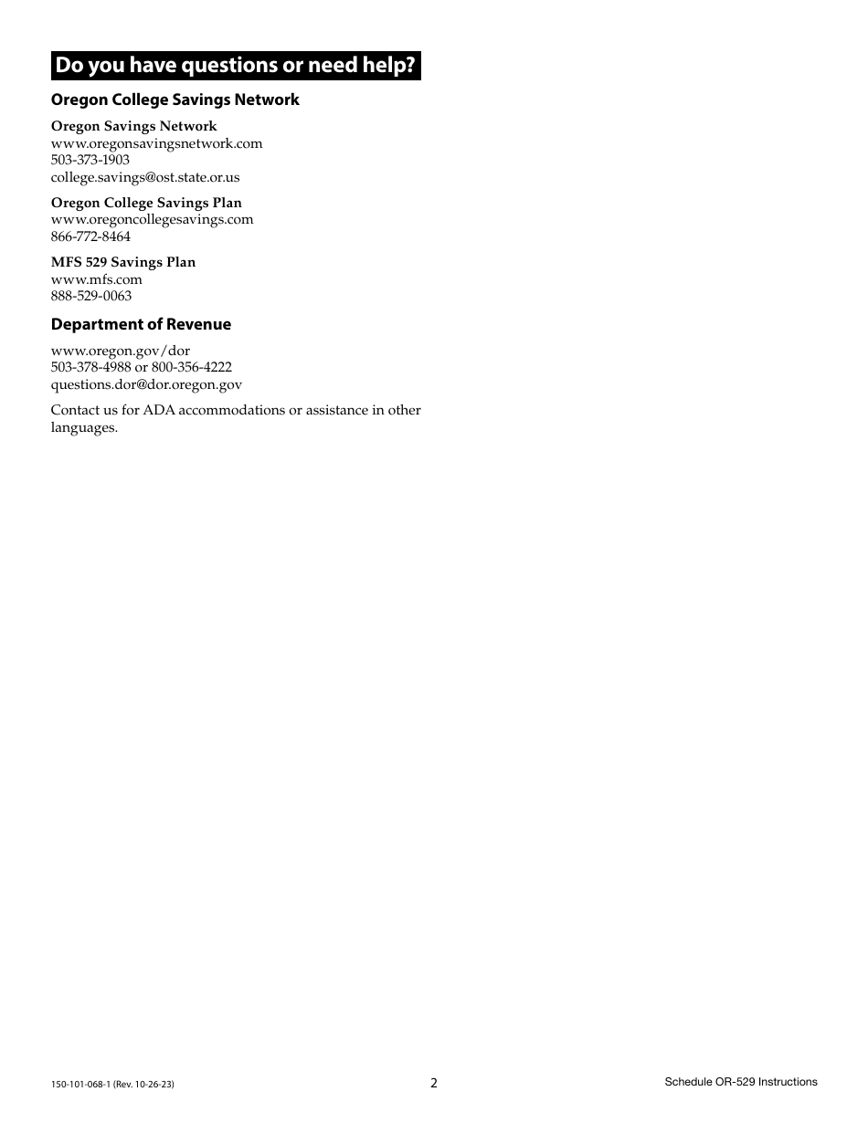 Instructions for Form 150-101-068 Schedule OR-529 Oregon College Savings Plan Direct Deposit and Account Creation Election for Individual Income Tax Filers - Oregon, Page 2