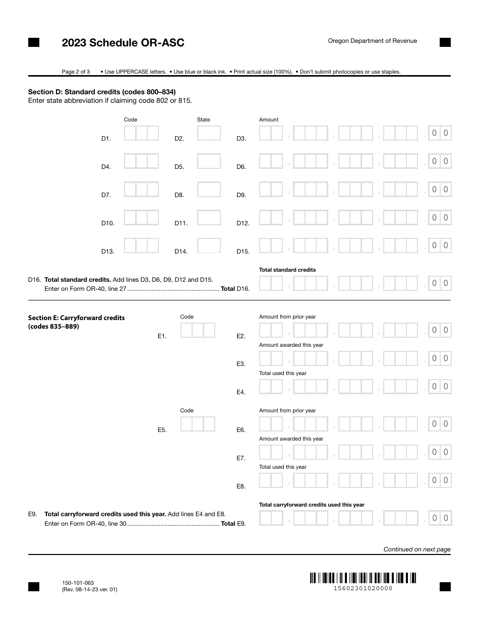 Form 150 101 063 Schedule Or Asc Download Fillable Pdf Or Fill Online Oregon Adjustments For 9574