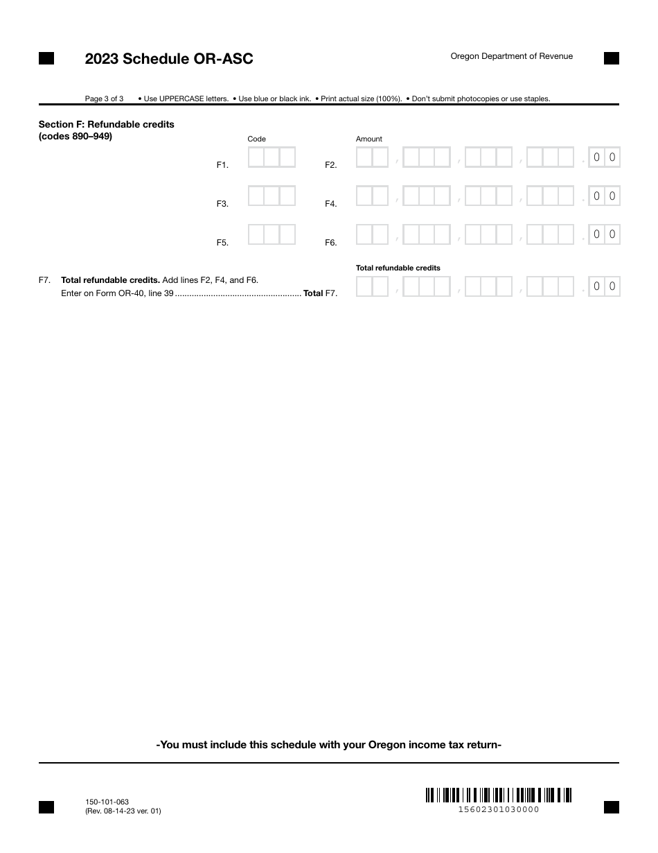 Form 150-101-063 Schedule OR-ASC Oregon Adjustments for Form or-40 Filers - Oregon, Page 3