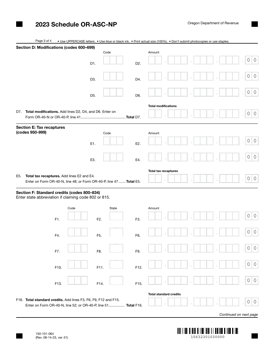 Form 150-101-064 Schedule OR-ASC-NP Oregon Adjustments for Form or-40-n and Form or-40-p Filers - Oregon, Page 3