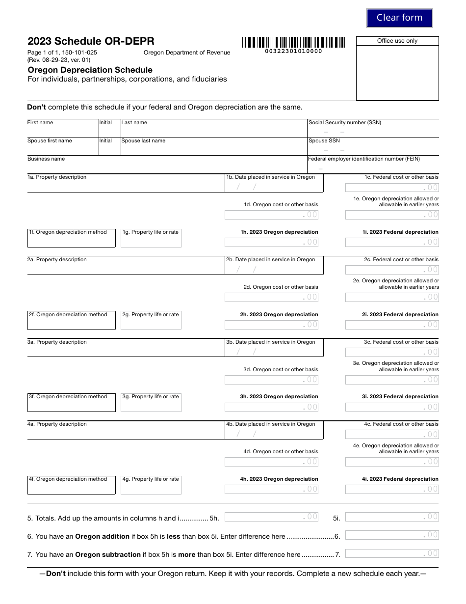 Form 150-101-025 Schedule OR-DEPR Oregon Depreciation Schedule for Individuals, Partnerships, Corporations, and Fiduciaries - Oregon, Page 1