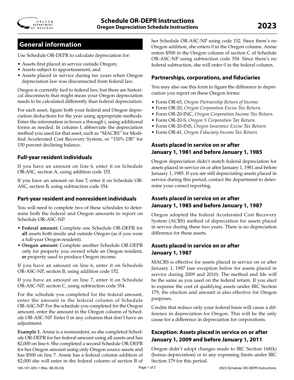 Instructions for Form 150-101-025 Schedule OR-DEPR Oregon Depreciation Schedule for Individuals, Partnerships, Corporations, and Fiduciaries - Oregon, Page 1