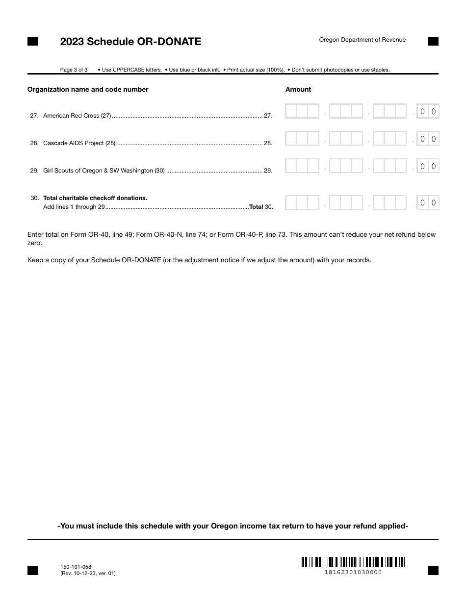Form 150-101-058 Schedule OR-DONATE Oregon Charitable Checkoff Donations - Oregon, Page 3