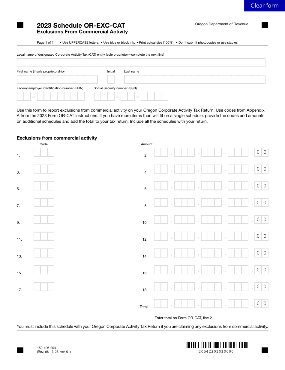Form 150-106-004 Schedule OR-EXC-CAT Exclusions From Commercial Activity - Oregon, Page 1