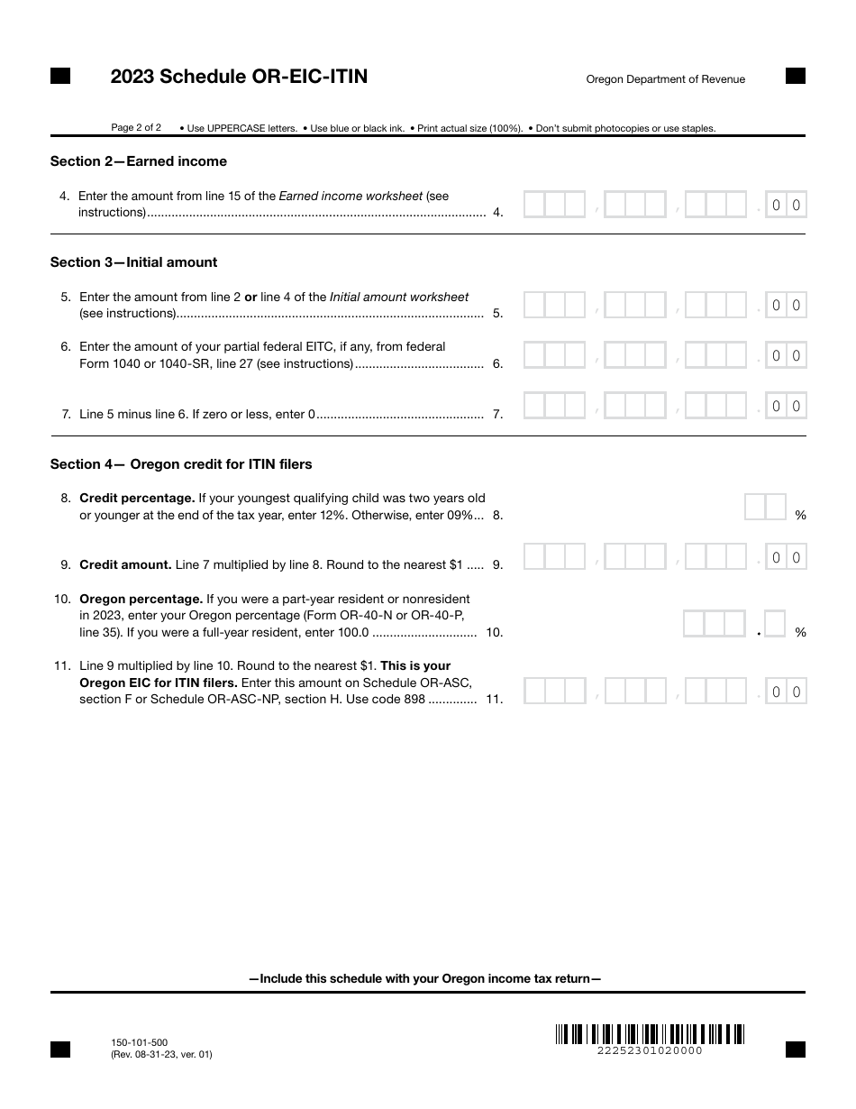 Form 150-101-500 Schedule OR-EIC-ITIN Oregon Earned Income Credit - Oregon, Page 2