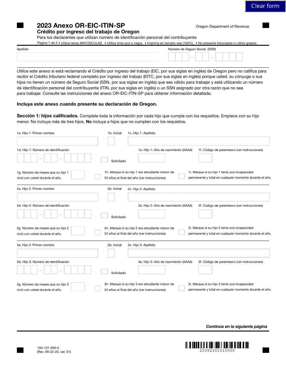 Formulario 150-101-500-5 Anexo OR-EIC-ITIN-SP Credito Por Ingreso Del Trabajo De Oregon - Oregon (Spanish), Page 1