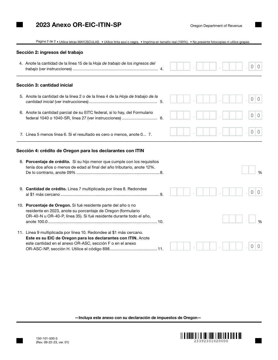 Formulario 150-101-500-5 Anexo OR-EIC-ITIN-SP Credito Por Ingreso Del Trabajo De Oregon - Oregon (Spanish), Page 2
