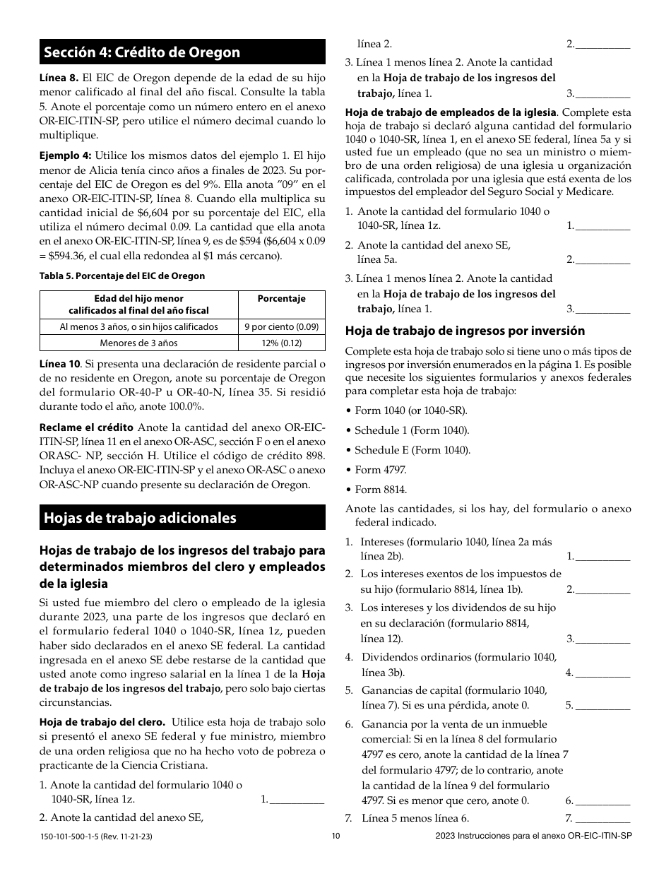 Instrucciones para Formulario 150-101-500-5 Anexo OR-EIC-ITIN-SP Credito Por Ingreso Del Trabajo De Oregon Para Los Declarantes Que Utilizan Numero De Identificacion Personal Del Contribuyente - Oregon (Spanish), Page 10