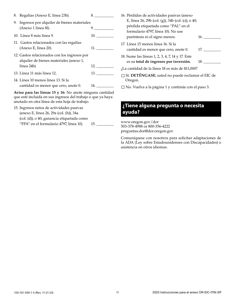 Instrucciones para Formulario 150-101-500-5 Anexo OR-EIC-ITIN-SP Credito Por Ingreso Del Trabajo De Oregon Para Los Declarantes Que Utilizan Numero De Identificacion Personal Del Contribuyente - Oregon (Spanish), Page 11